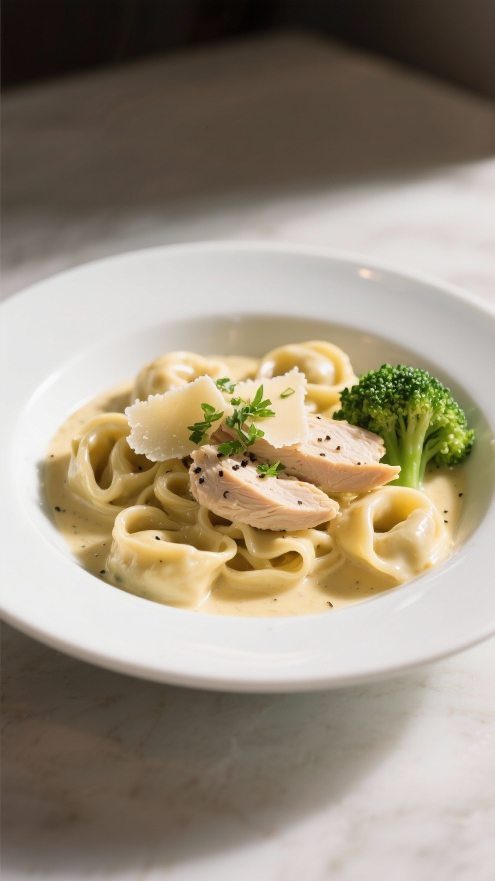 Final plated dish: Restaurant-quality presentation of Chicken Alfredo Tortellini twirled into a shal