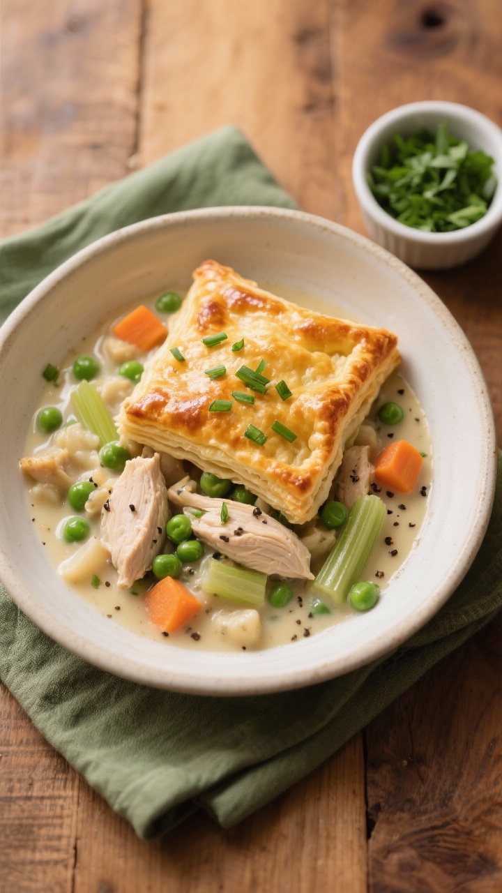 Final plated overhead: A cozy bowl of slow cooker chicken pot pie filling topped with a golden, bake
