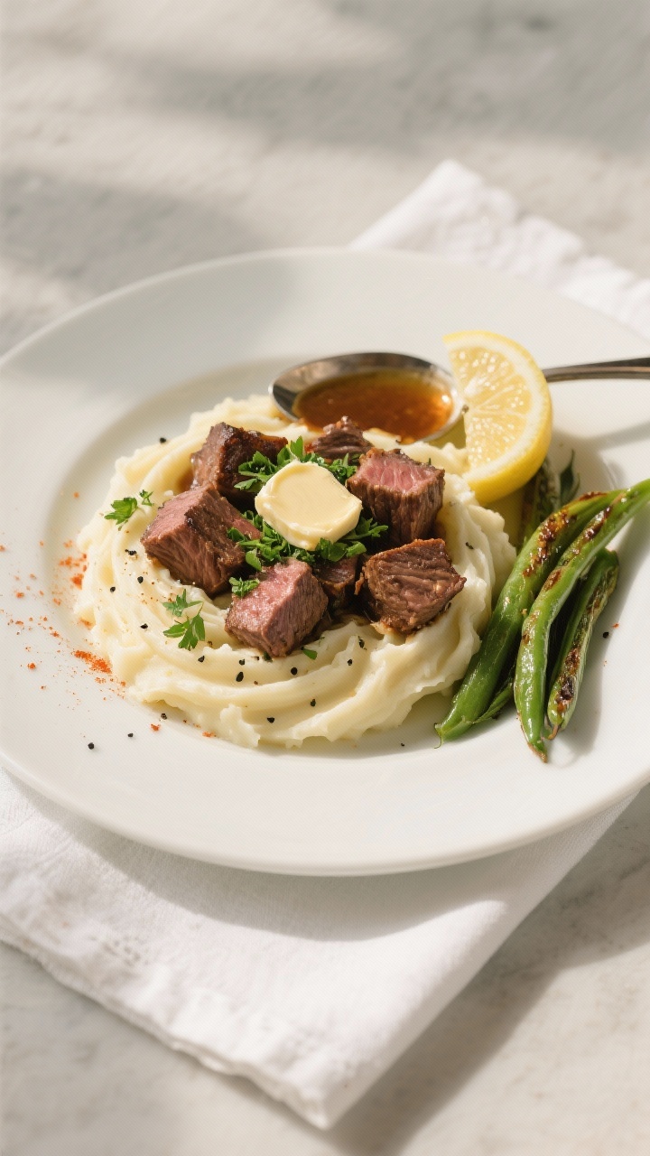 Final plated overhead: Steakhouse-style garlic butter beef bites served over creamy mashed potatoes 