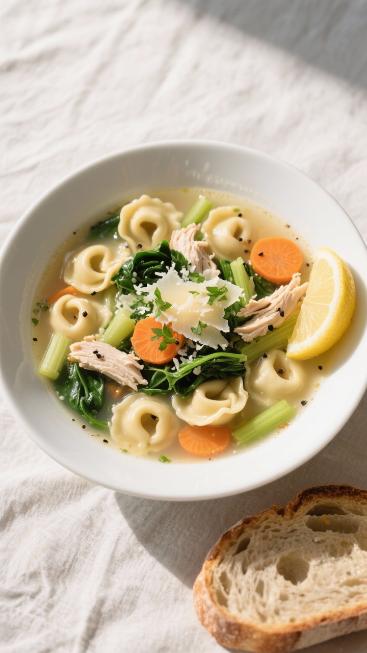 Final plated overhead: Tasty top-down shot of a wide white bowl filled with Chicken Tortellini Soup,