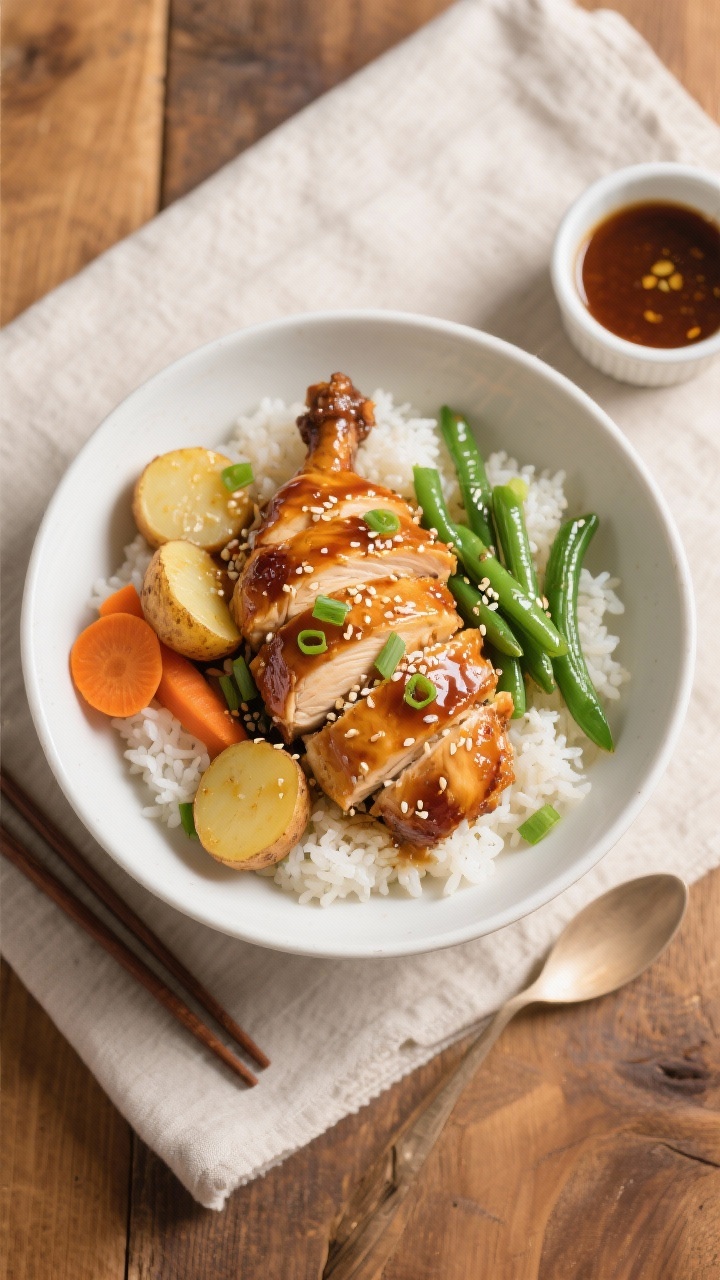 Final plated, tasty top view: Overhead shot of honey garlic chicken and veggies served over fluffy w