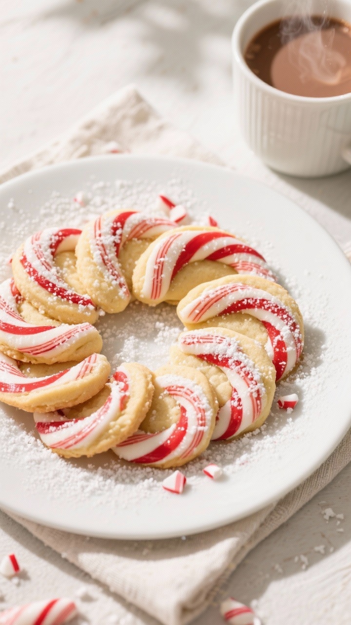 Final presentation, overhead: Overhead shot of baked candy cane cookies arranged in a neat spiral on