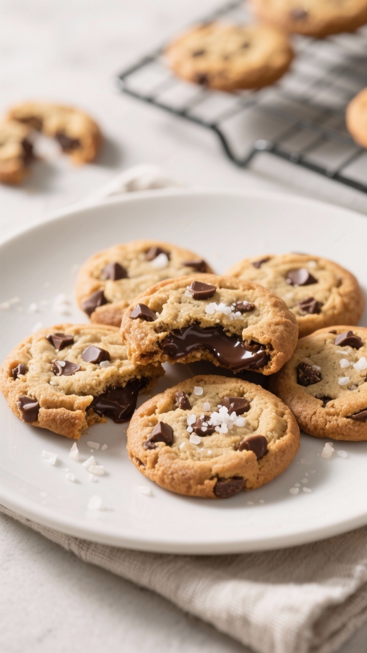 Final presentation/overhead shot: Overhead view of a plate of perfectly round chocolate chip cookies