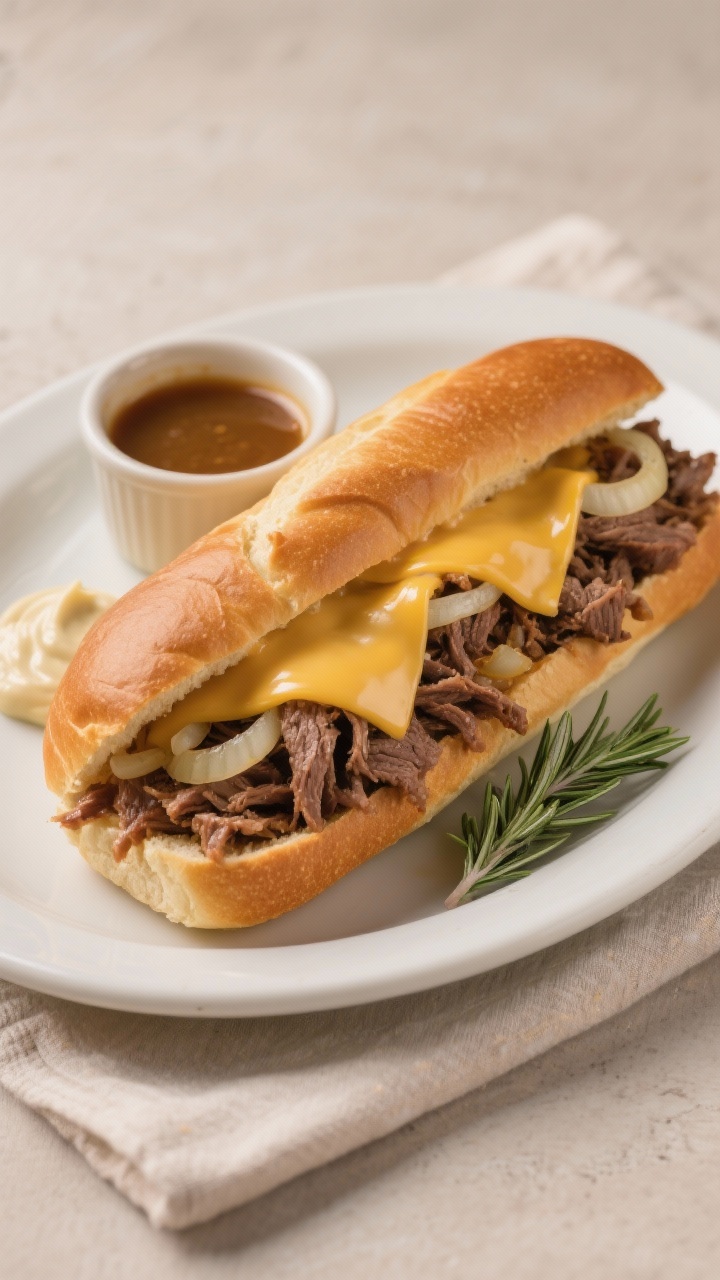 Final sandwich beauty shot: French dip hoagie on a warm, lightly toasted roll piled high with shredd