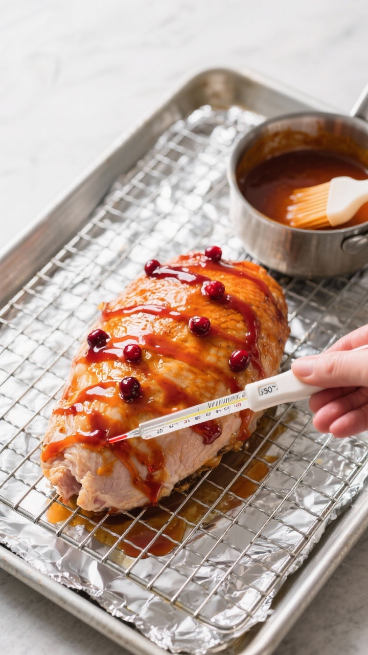 Overhead cooking-process shot of the turkey breast on a wire rack over a foil-lined sheet pan mid-ba