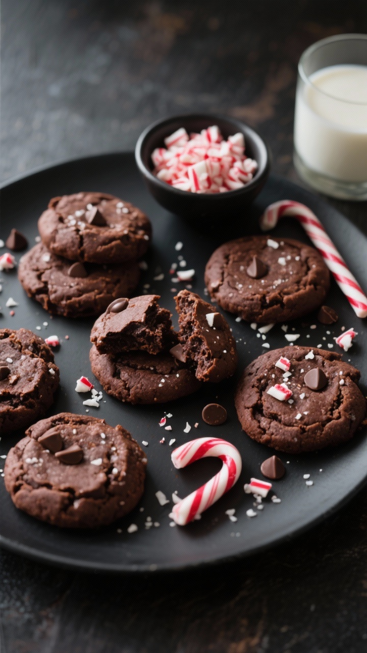 Overhead final presentation: A moody-yet-bright top-down scene of peppermint brownie cookies arrange