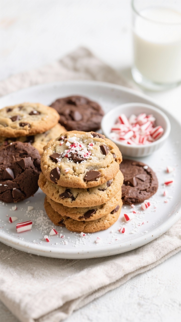 Overhead final presentation: A of a plate of peppermint chocolate chip cookies arranged in a casual