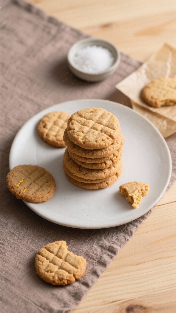 Overhead final presentation: A tidy stack of soft, chewy peanut butter cookies on a matte white plat