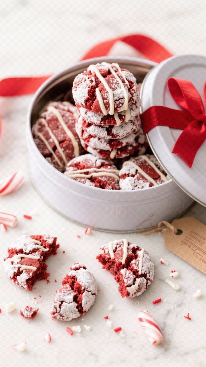 Overhead final presentation of a festive cookie tin and plate arrangement: a tidy stack and scatter 