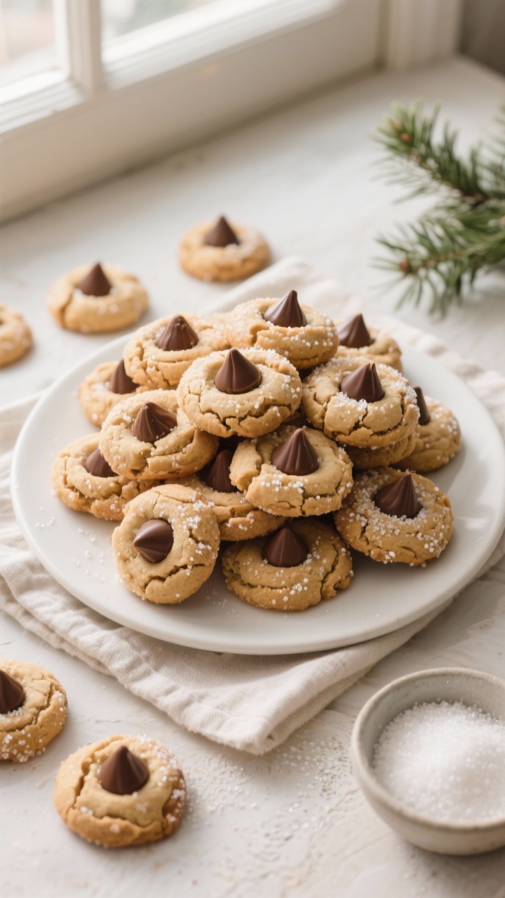 Overhead final presentation of a holiday-ready platter of peanut butter blossoms: a heaping stack of