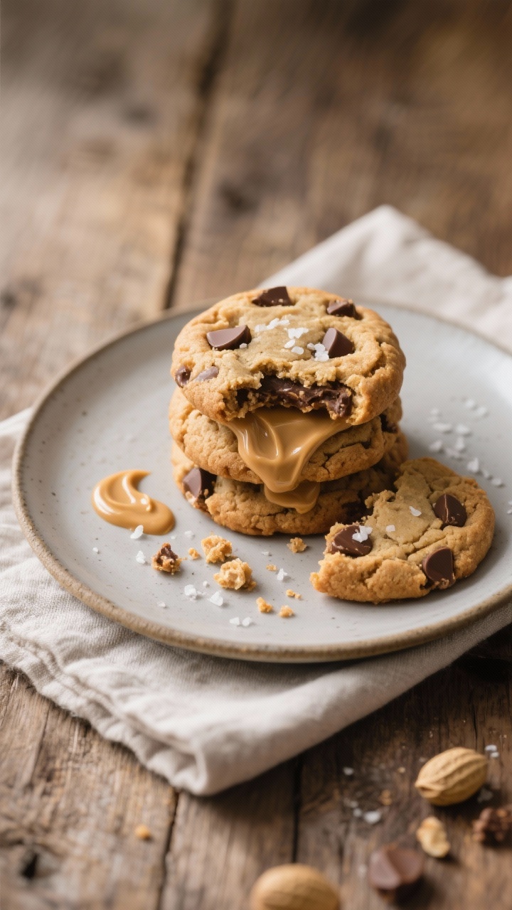 Overhead final presentation of a small stack of thick, chewy peanut butter chocolate chip cookies on