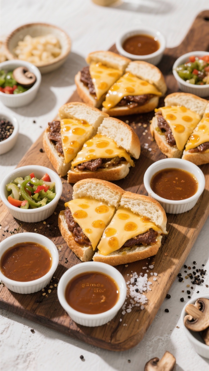 Overhead “game day” spread: Top-down shot of multiple assembled French dip sandwiches on a rusti