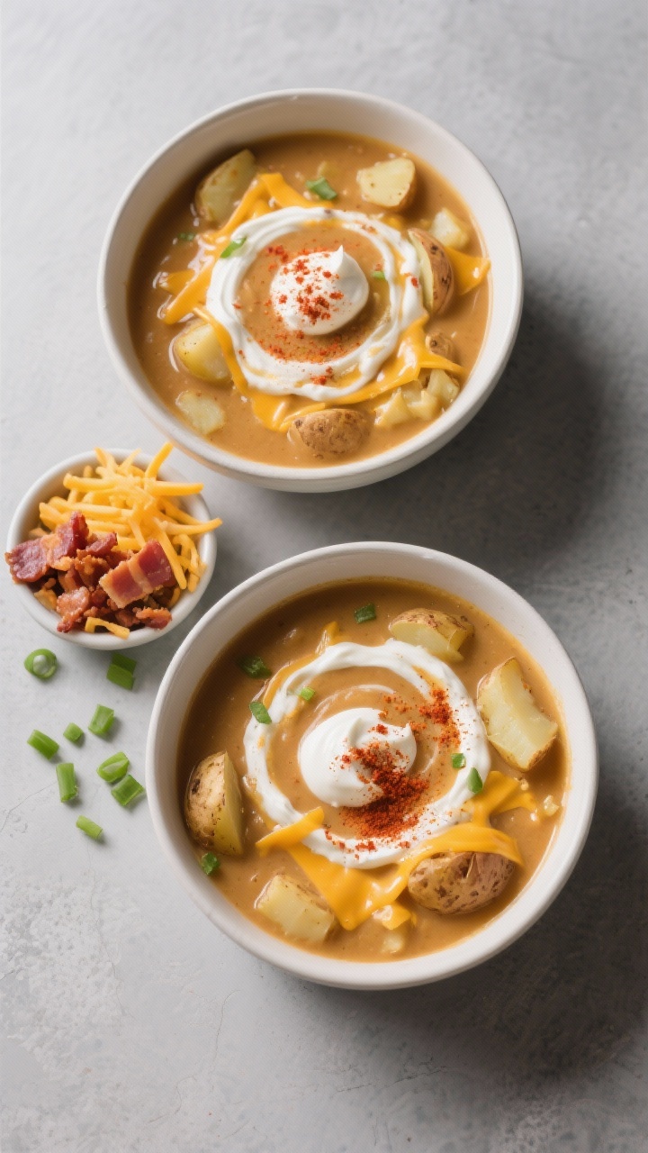 Overhead “loaded baked potato” style: Tasty top-down shot of two bowls of finished soup with a s