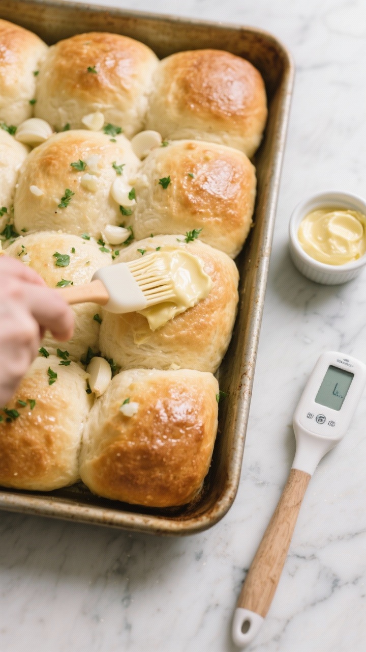 Overhead process shot of proofed dough balls nestled in a greased 9x13 pan, puffy and almost touchin