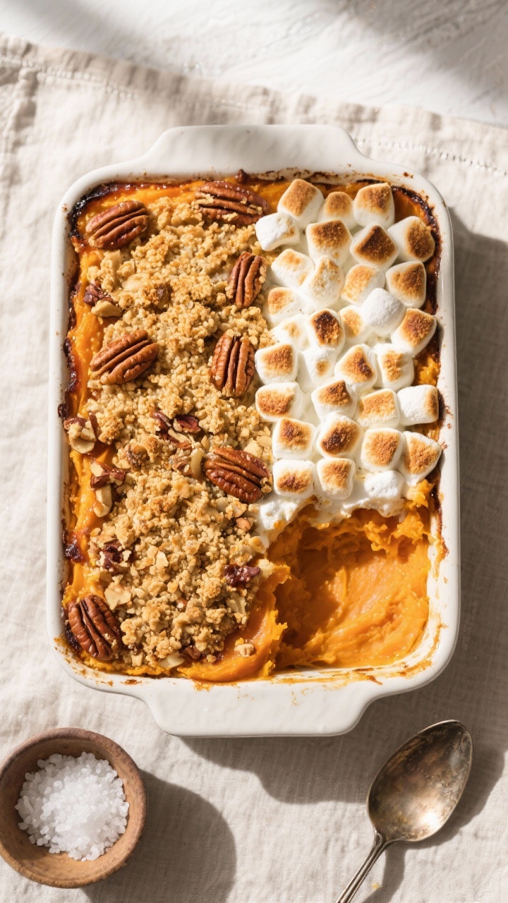 Overhead shot of a 9x13 baked sweet potato casserole just out of the oven, half topped with golden p