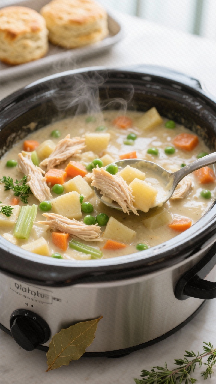 Overhead shot of creamy crockpot chicken pot pie filling just after thickening: shredded chicken min