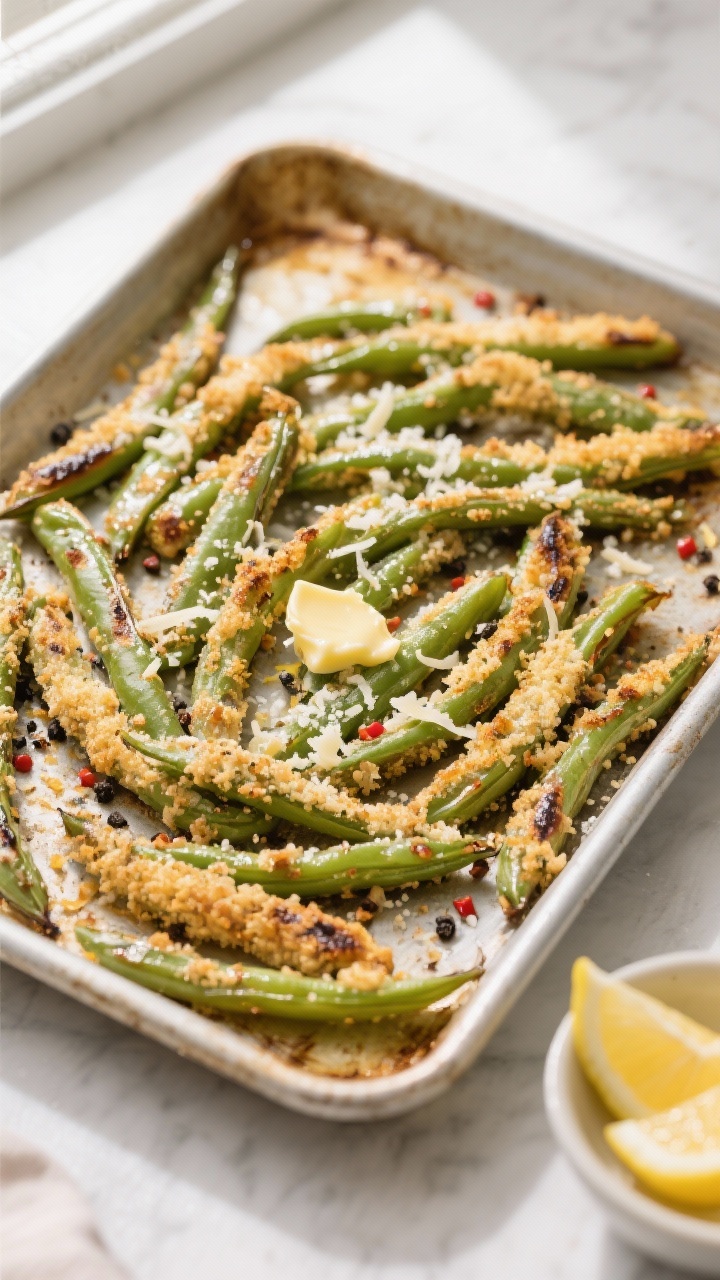 Overhead shot of crispy garlic Parmesan roasted green beans just out of the oven on a preheated, rim