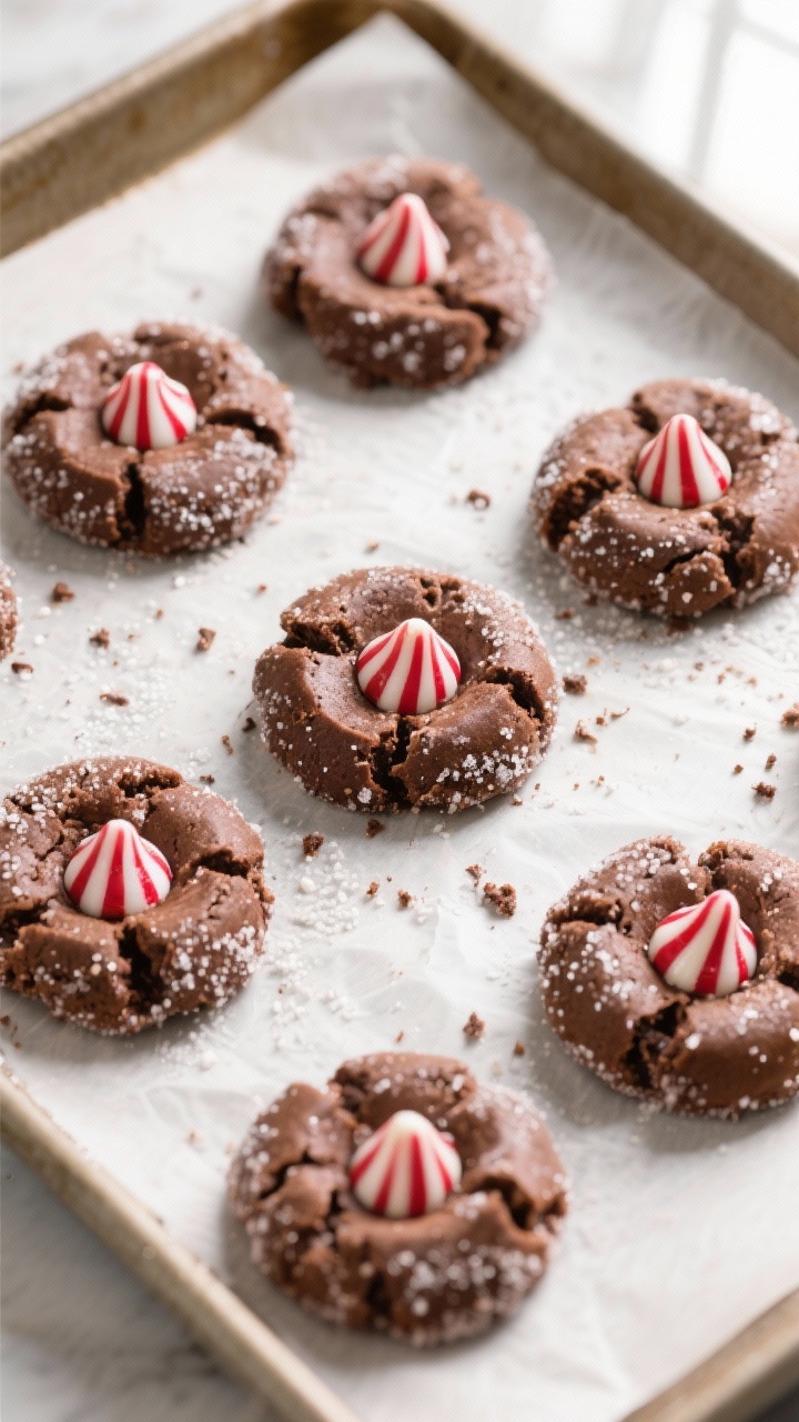 Overhead shot of freshly baked chocolate peppermint blossom cookies just out of the oven on a parchm
