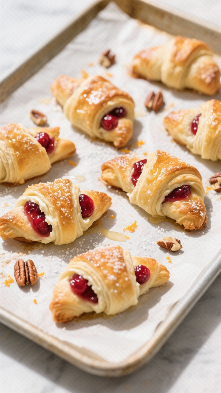 Overhead shot of freshly baked Cranberry Cream Cheese Crescent Bites on a parchment-lined sheet pan 