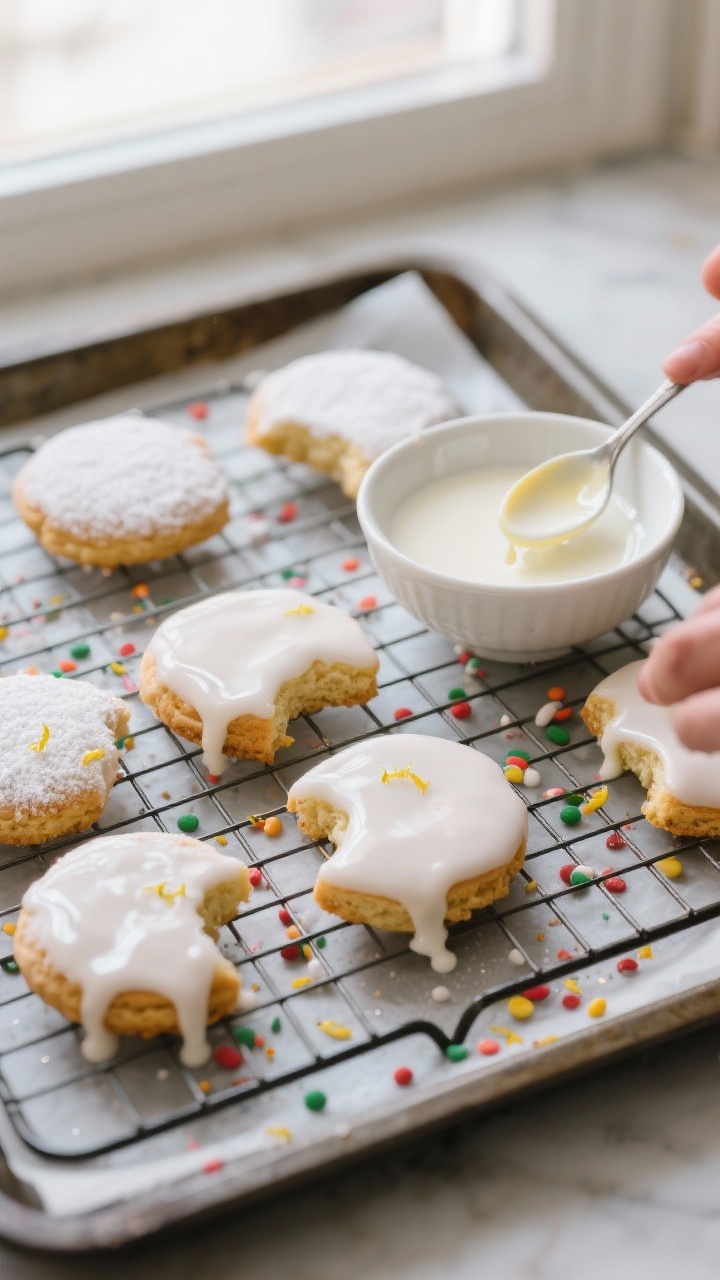 Overhead shot of freshly baked Italian Christmas cookies cooling on a wire rack, pale tops with ligh