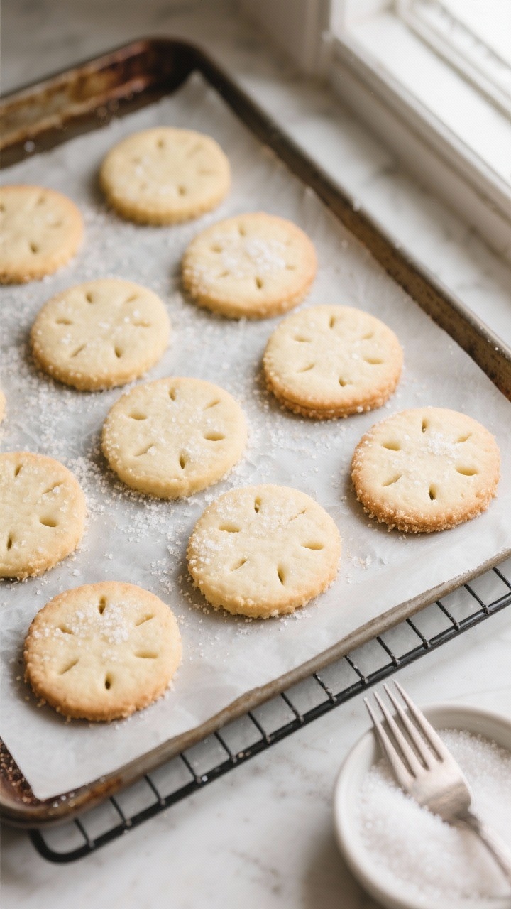 Overhead shot of freshly baked shortbread rounds cooling on a parchment-lined baking sheet, evenly d