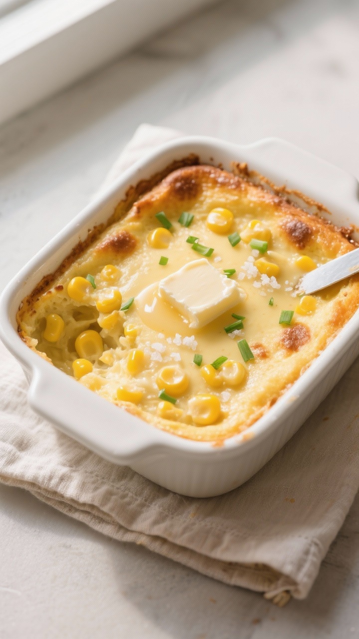Overhead shot of freshly baked sweet corn pudding resting after the bake: golden, lightly puffed edg