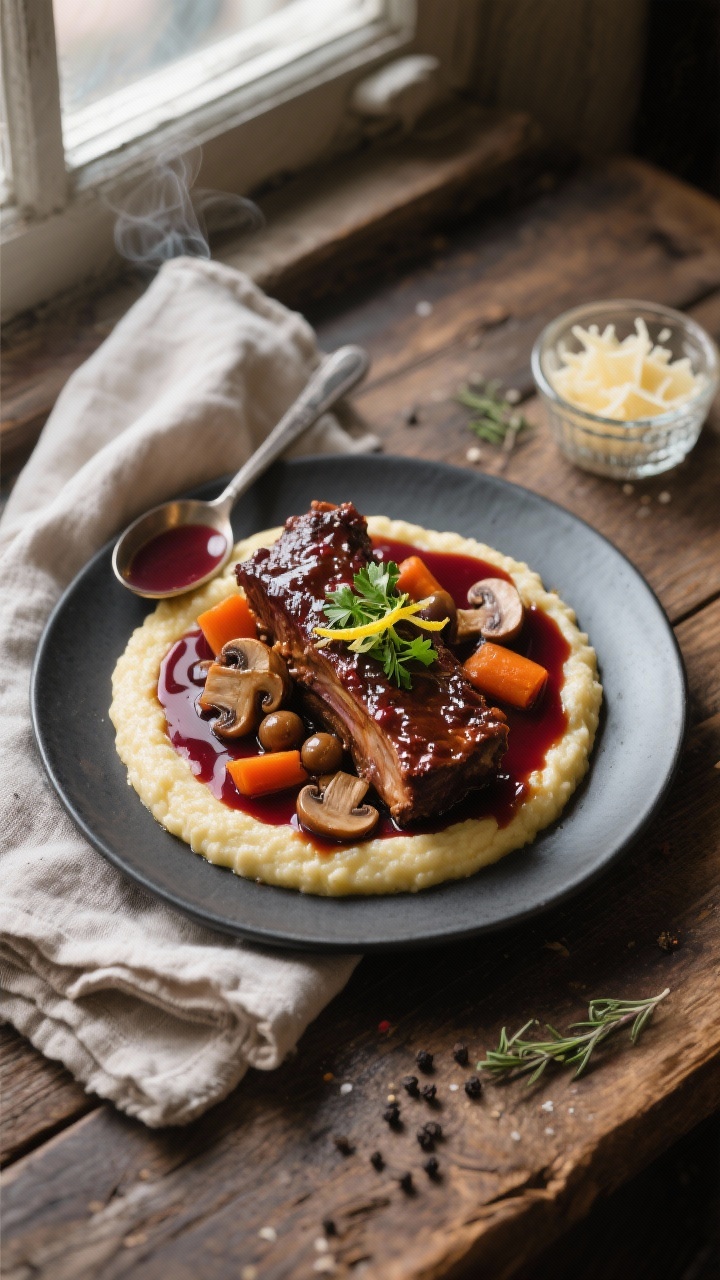 Overhead shot of Red Wine Braised Short Ribs served over creamy polenta, showing glossy, deeply cara