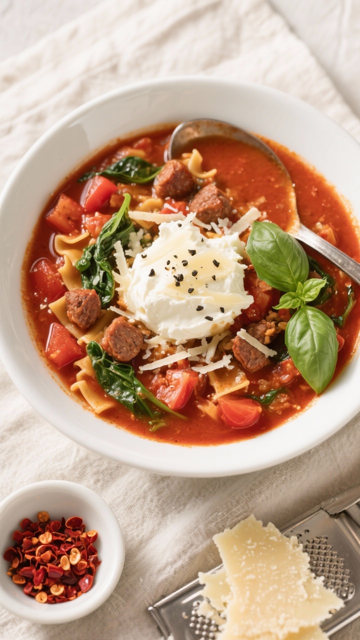 Overhead “tasty top view” of a ladled bowl of Crockpot Lasagna Soup ready to serve: rich red bro