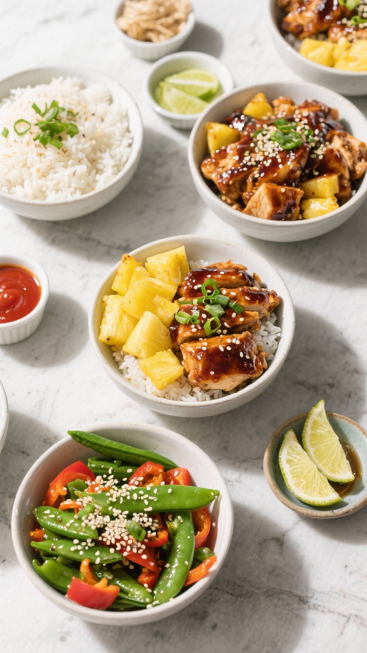 Overhead tasty top view: Teriyaki chicken bowl bar setup—top-down shot of multiple assembled bowls