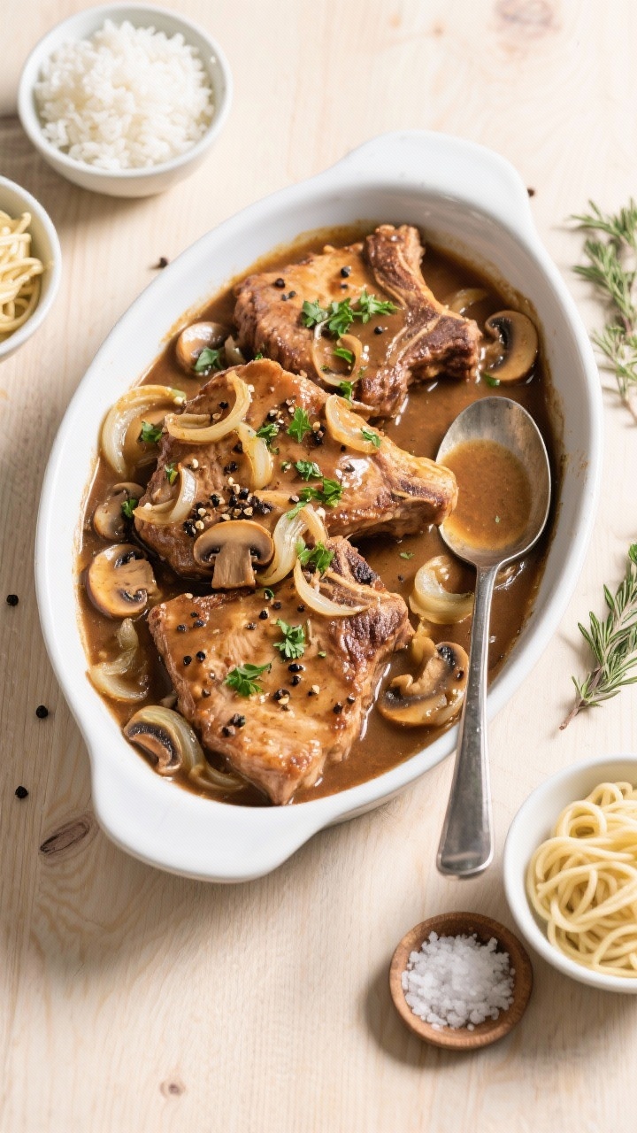 Tasty : Overhead shot of a family-style serving dish filled with tender slow-cooked pork chops bathe