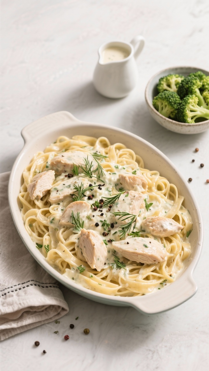 Tasty top-down family-style: Overhead shot of creamy ranch chicken over egg noodles in a large ename