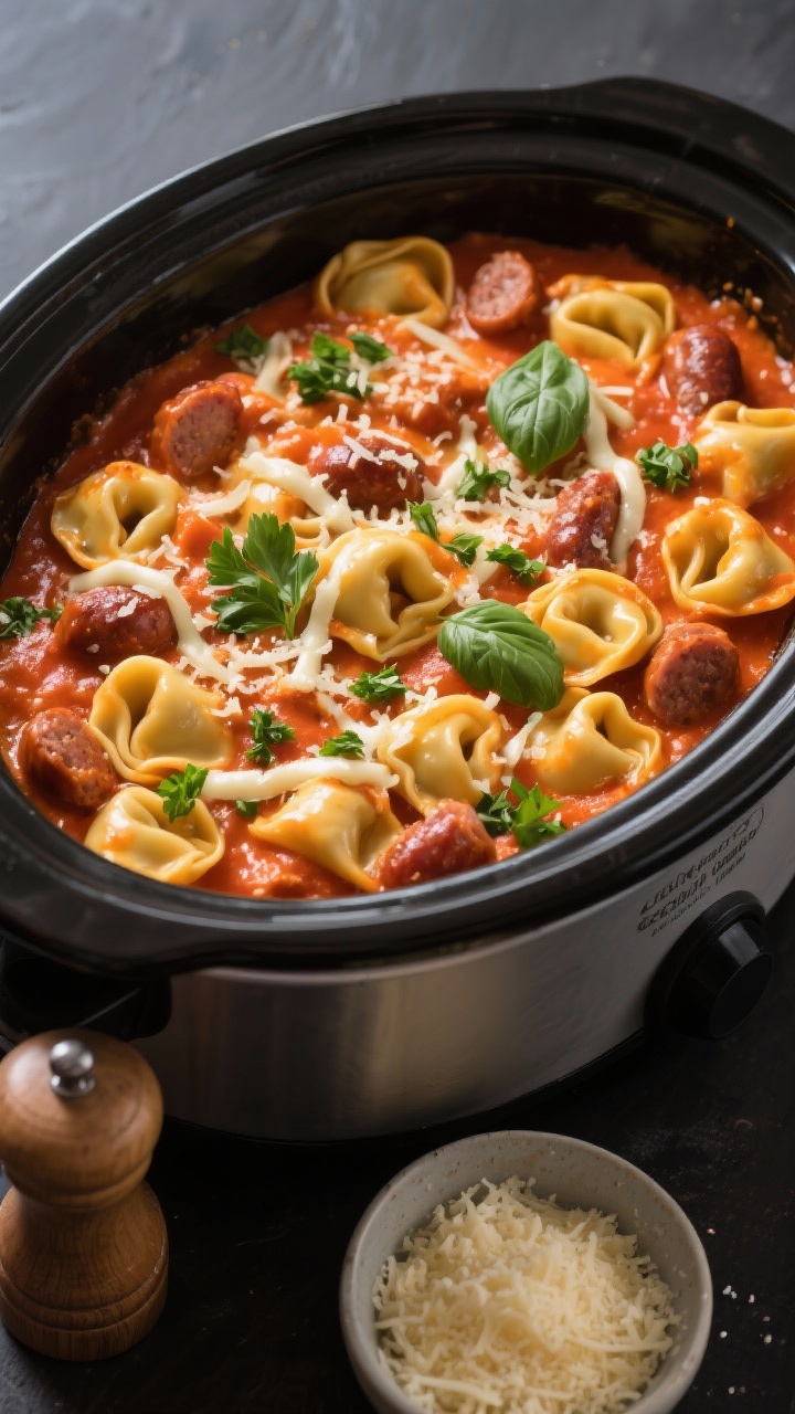 Tasty top-down shot: Overhead view of the finished Crockpot Cheese Tortellini and Sausage in the slo