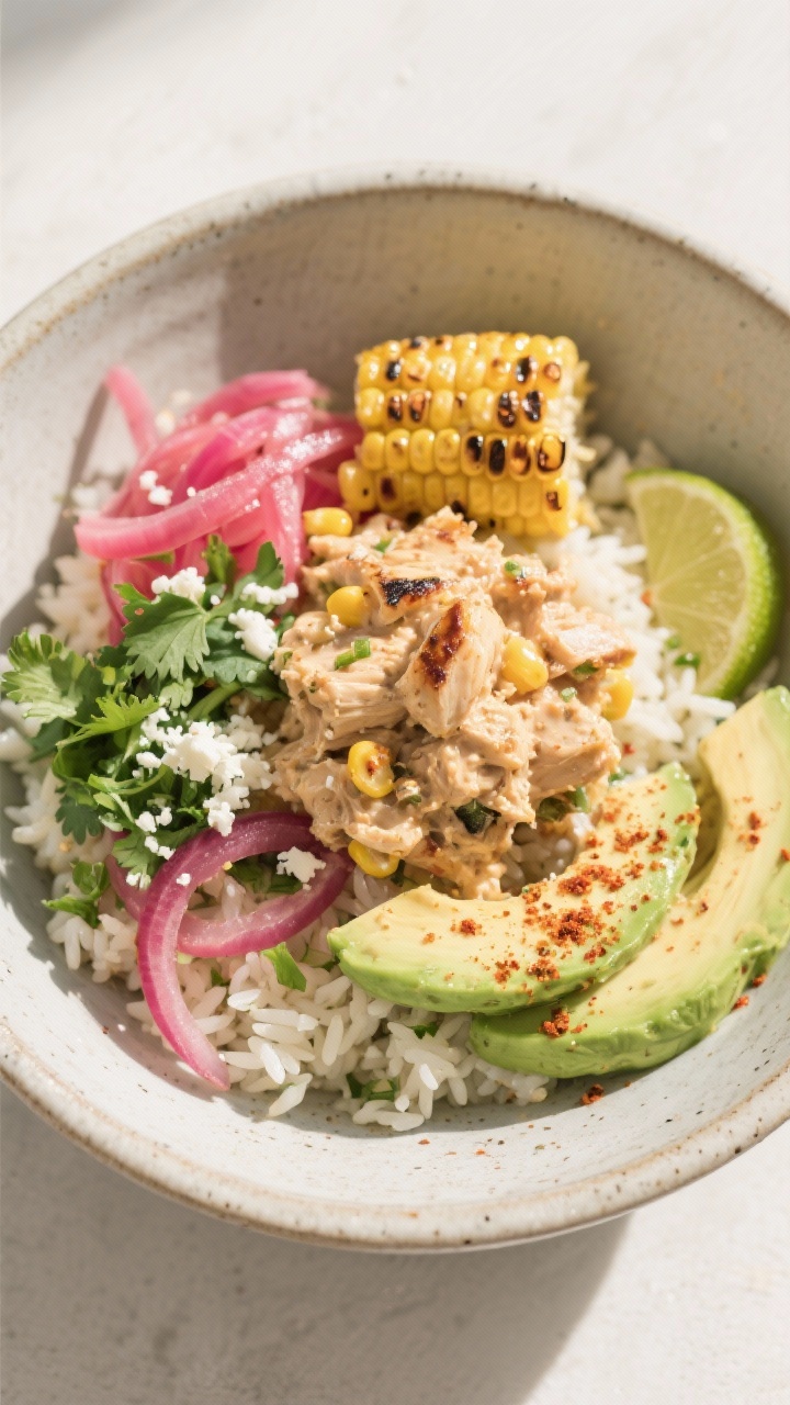 Tasty top-view bowl: Overhead shot of a street corn chicken rice bowl—fluffy cilantro-lime rice to