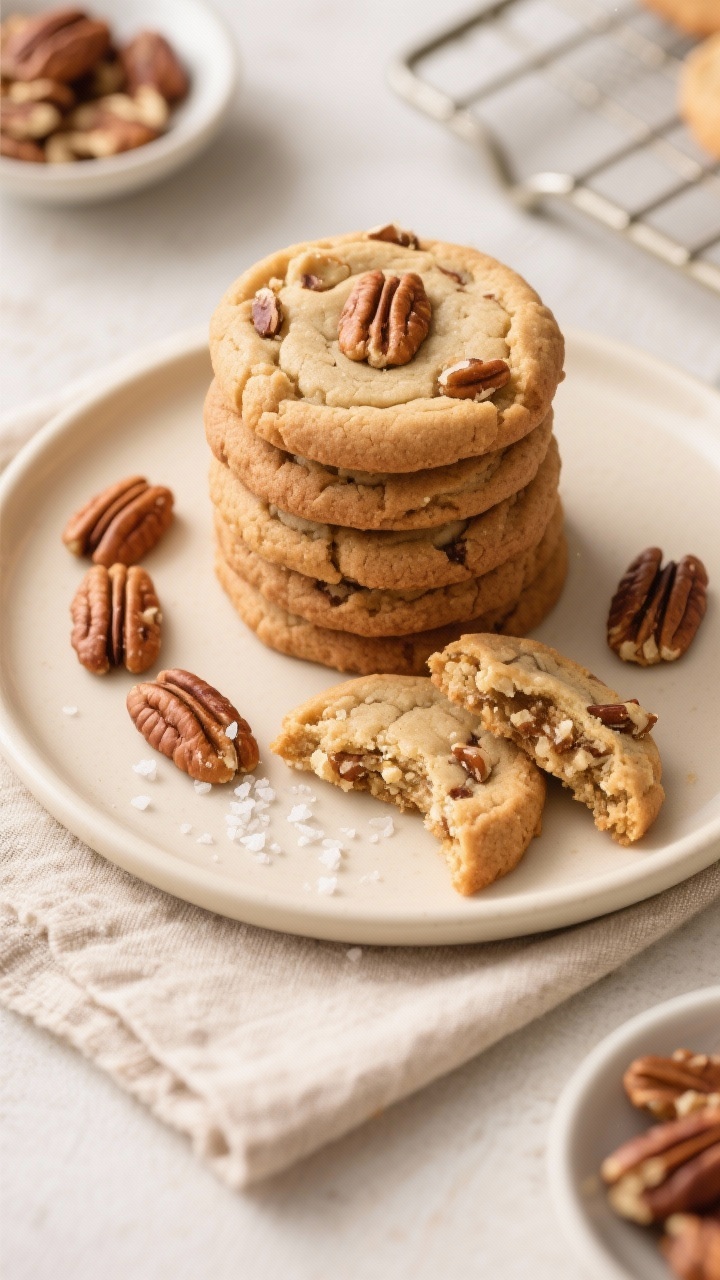 Tasty top view, final presentation: Overhead shot of a dessert plate stacked with butter pecan cooki