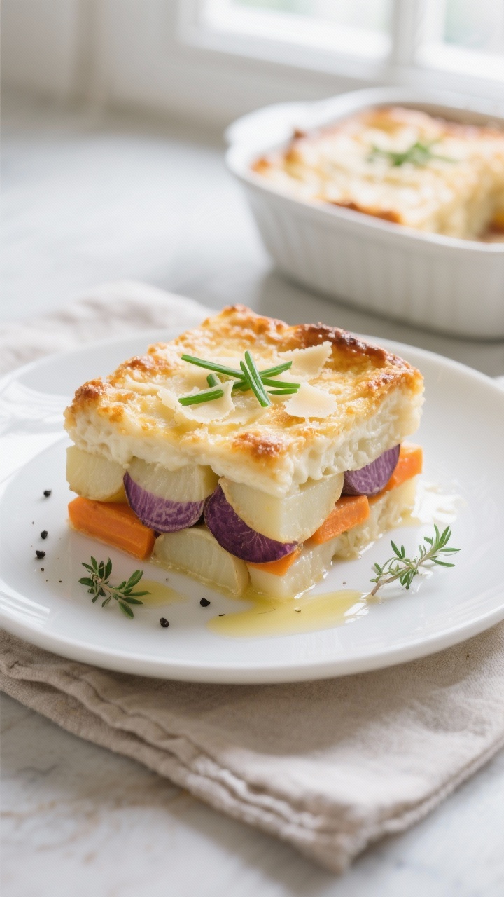 Tasty top view, final presentation: Overhead shot of a neatly cut square of cheesy root vegetable gr