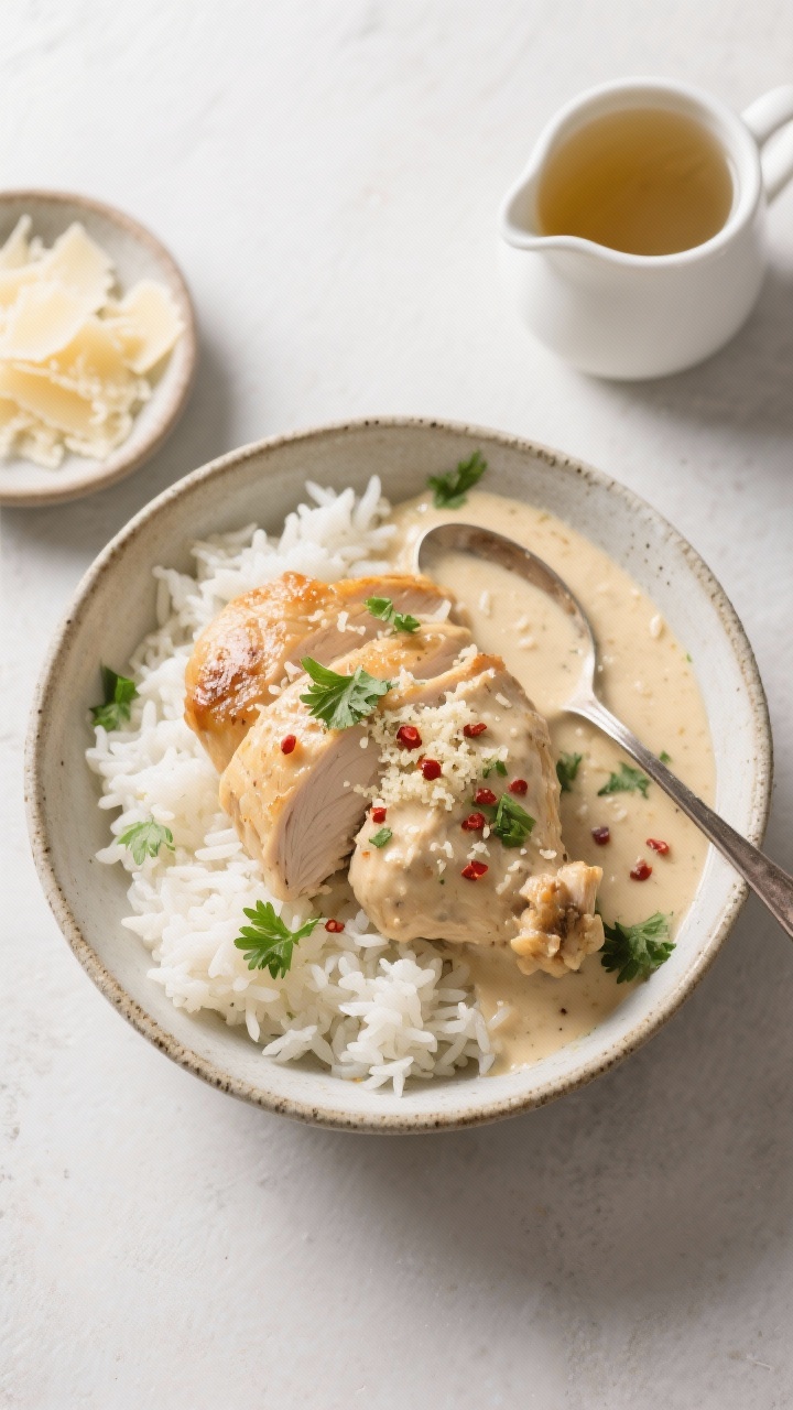Tasty top view, hearty bowl presentation: Overhead shot of Garlic Parm Chicken spooned over fluffy w