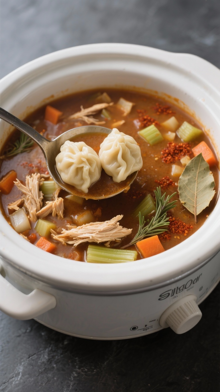 Tasty top view: Overhead shot of a ladle dipping into the crockpot, capturing a generous scoop with 