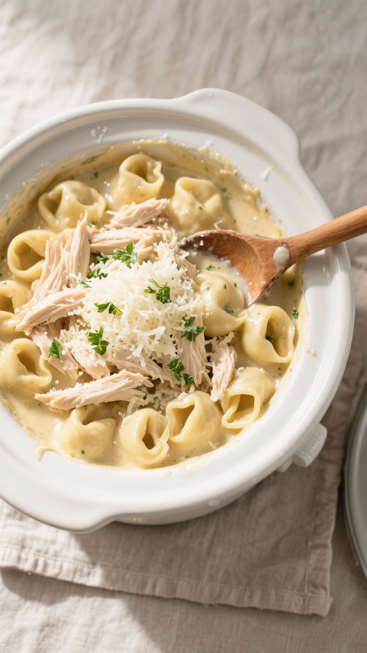 Tasty top view: Overhead shot of Crockpot Chicken Alfredo Tortellini just finished, ladled into the