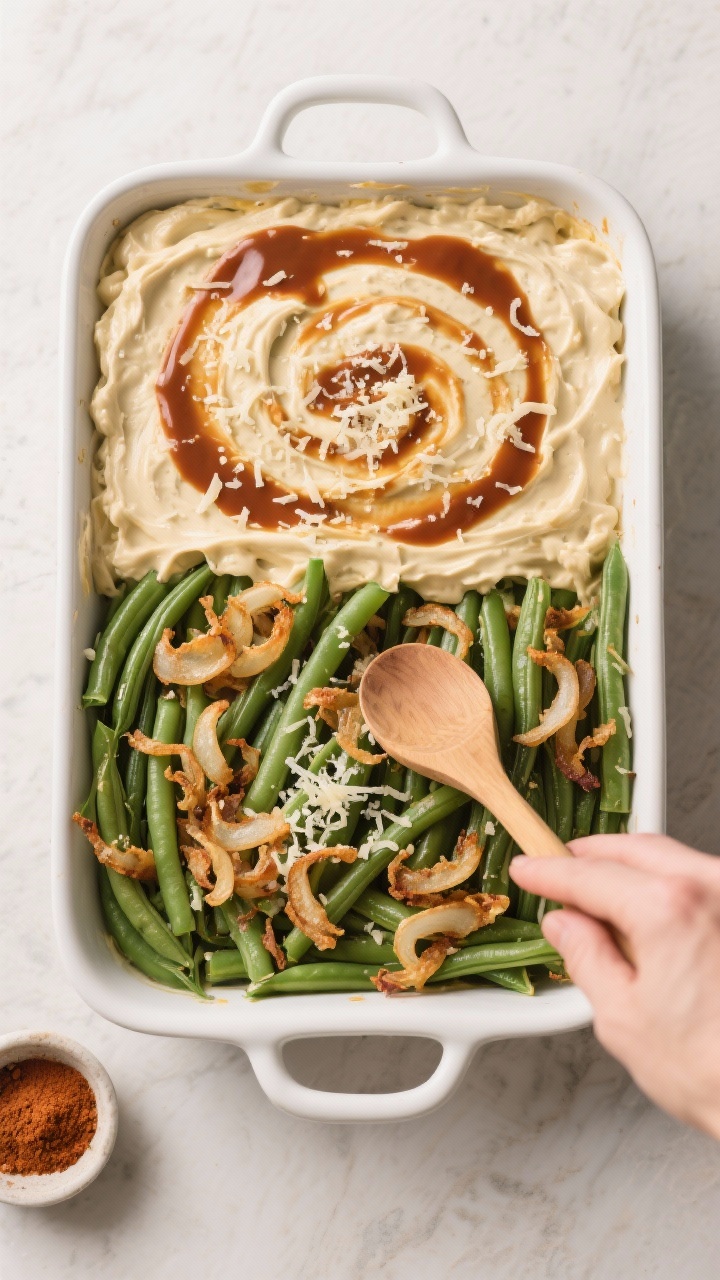 Tasty top view process shot: Overhead shot of the casserole just assembled before baking—first lay