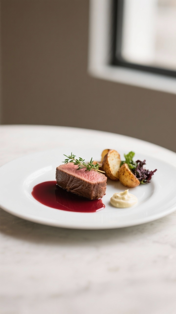 5 inch slice on a matte white plate with a small pool of silky red wine jus and a dab of horseradish