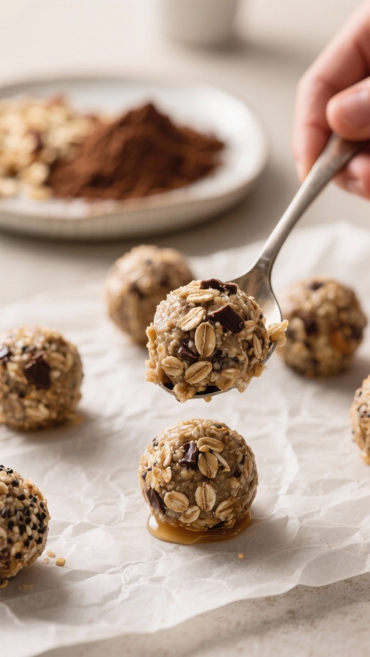 5-tablespoon scoop of the chilled oat mixture being shaped into a smooth, round energy ball on parch