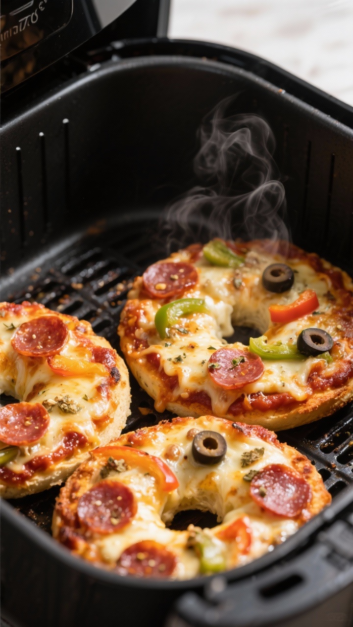 Close-up cooking process: Air fryer bagel pizzas mid-cook inside an open air fryer basket at 370°F,