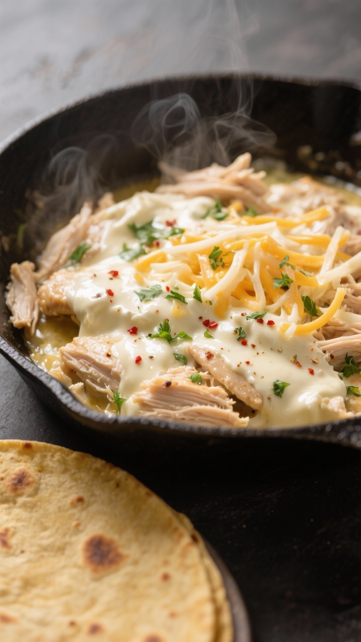 Close-up cooking process: Garlic-butter chicken filling in a skillet, coated in a glossy cream chees