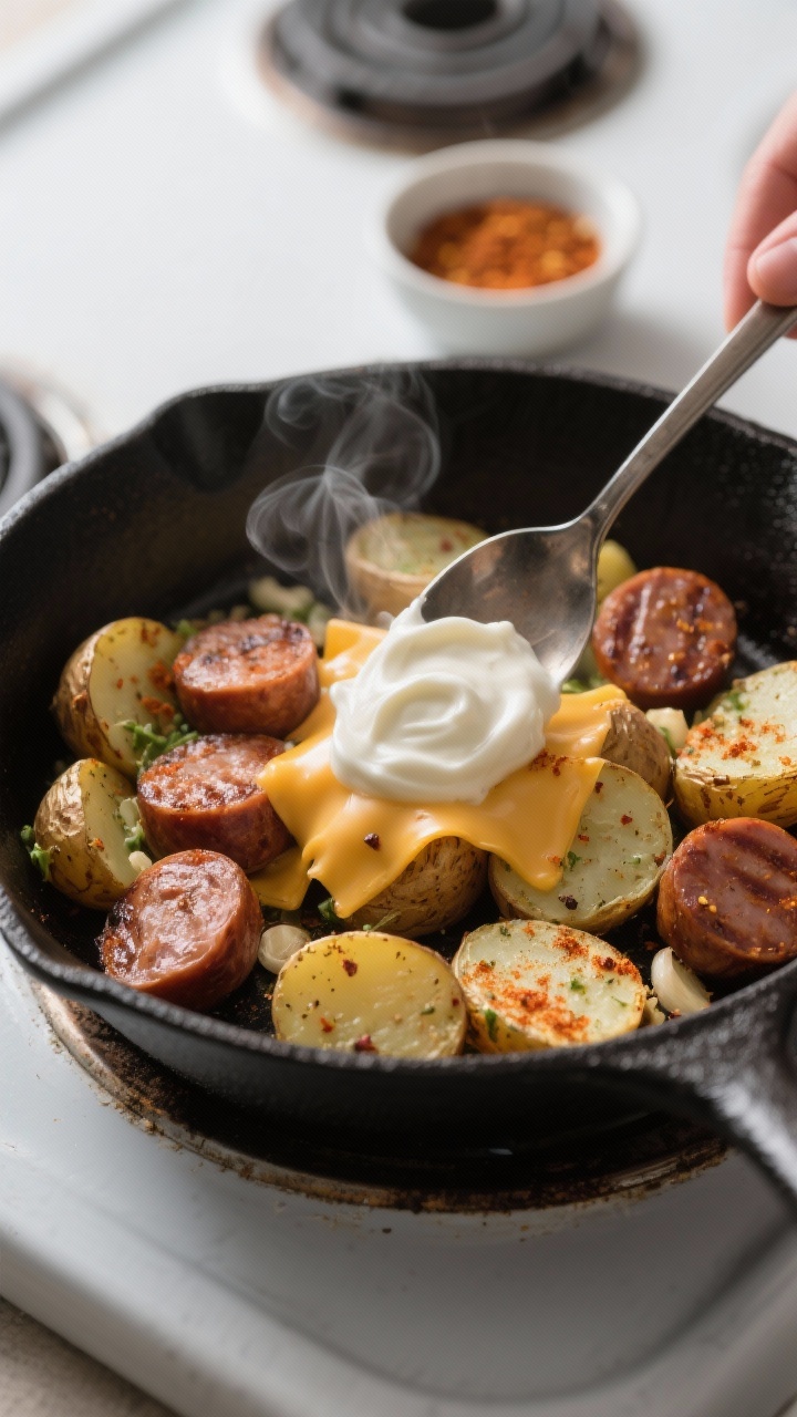 Close-up cooking process: In-skillet toss of browned smoked sausage rounds and crisped baby potato h