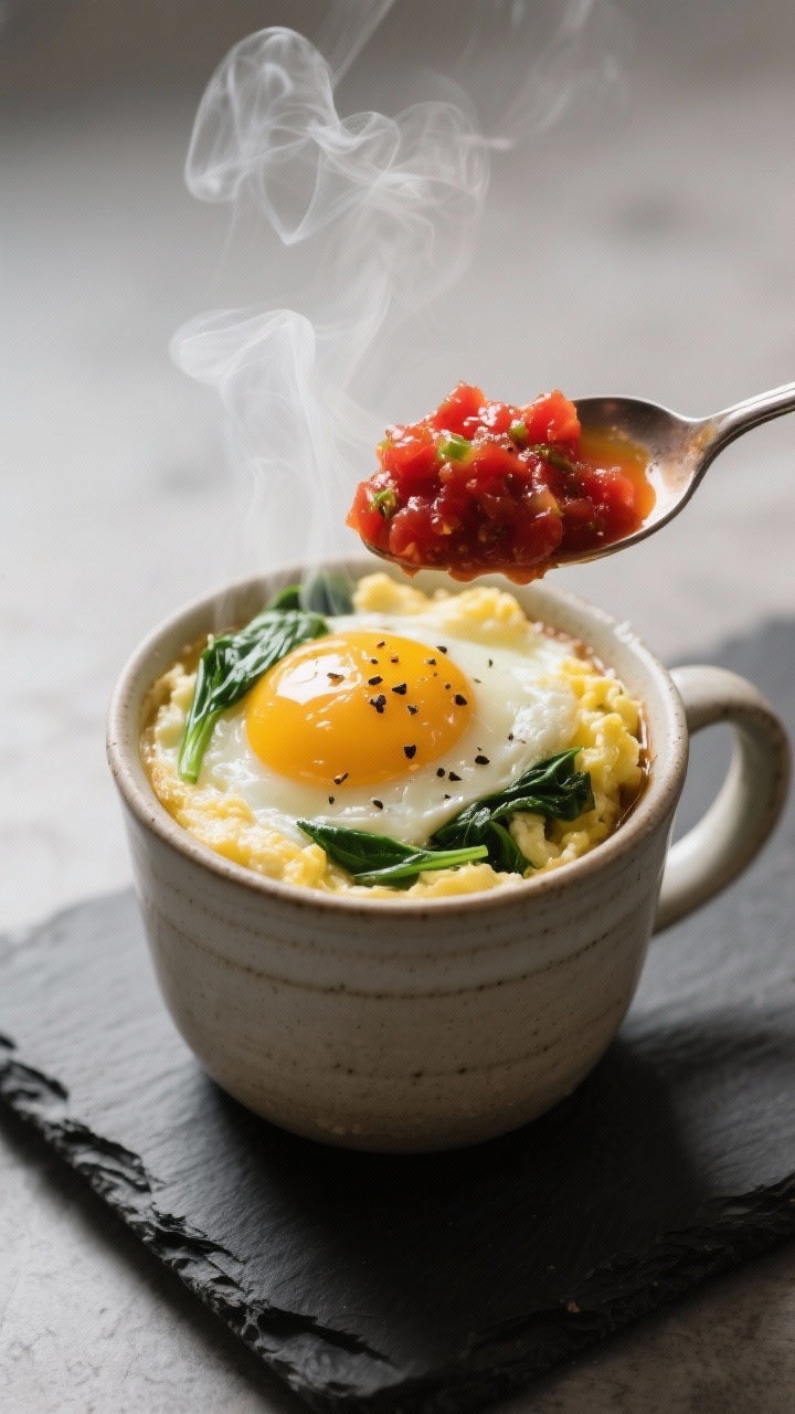 Close-up cooking process of Spinach Egg Cup in a mug: just-microwaved, fluffy scrambled egg with wil