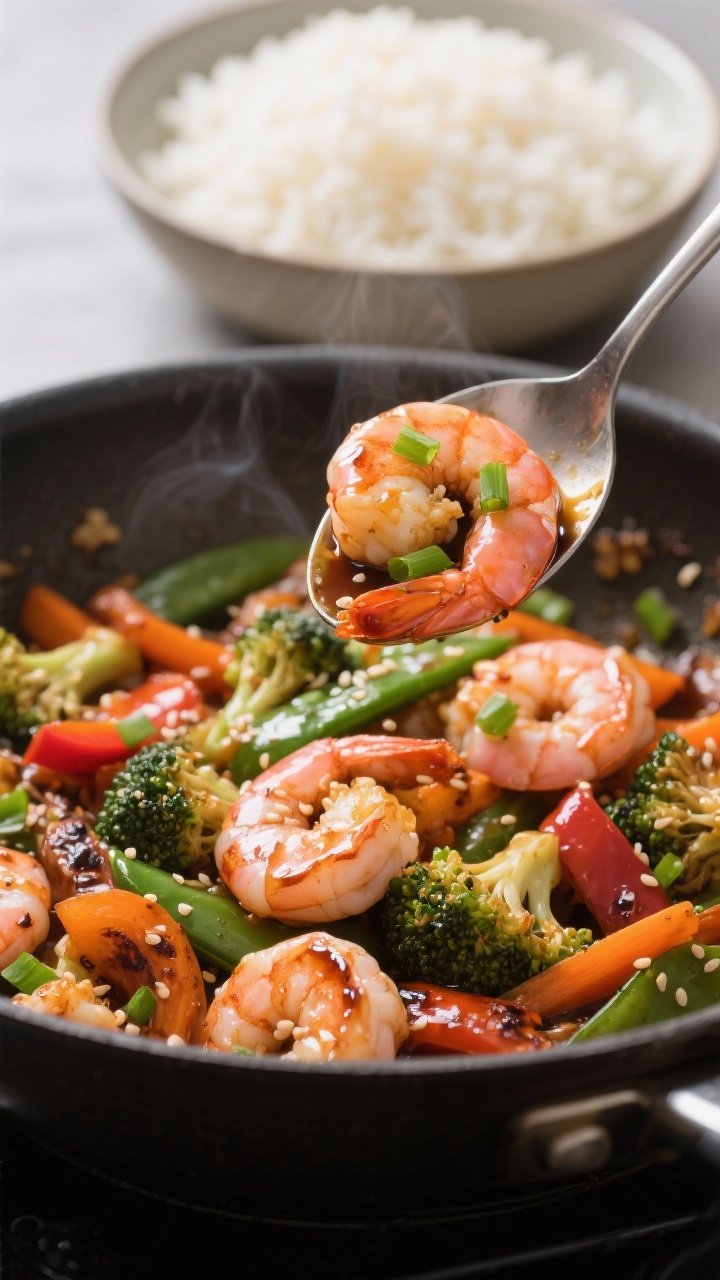 Close-up cooking process shot of 15-Minute Shrimp Stir-Fry in a sizzling skillet: pink, curled shrim