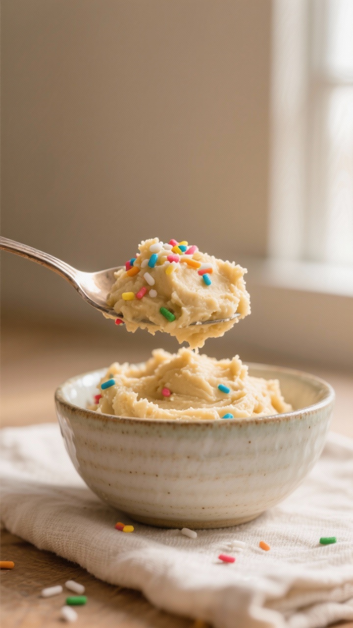 Close-up detail: A heaping spoonful of edible sugar cookie dough just finished and ready to eat, cre
