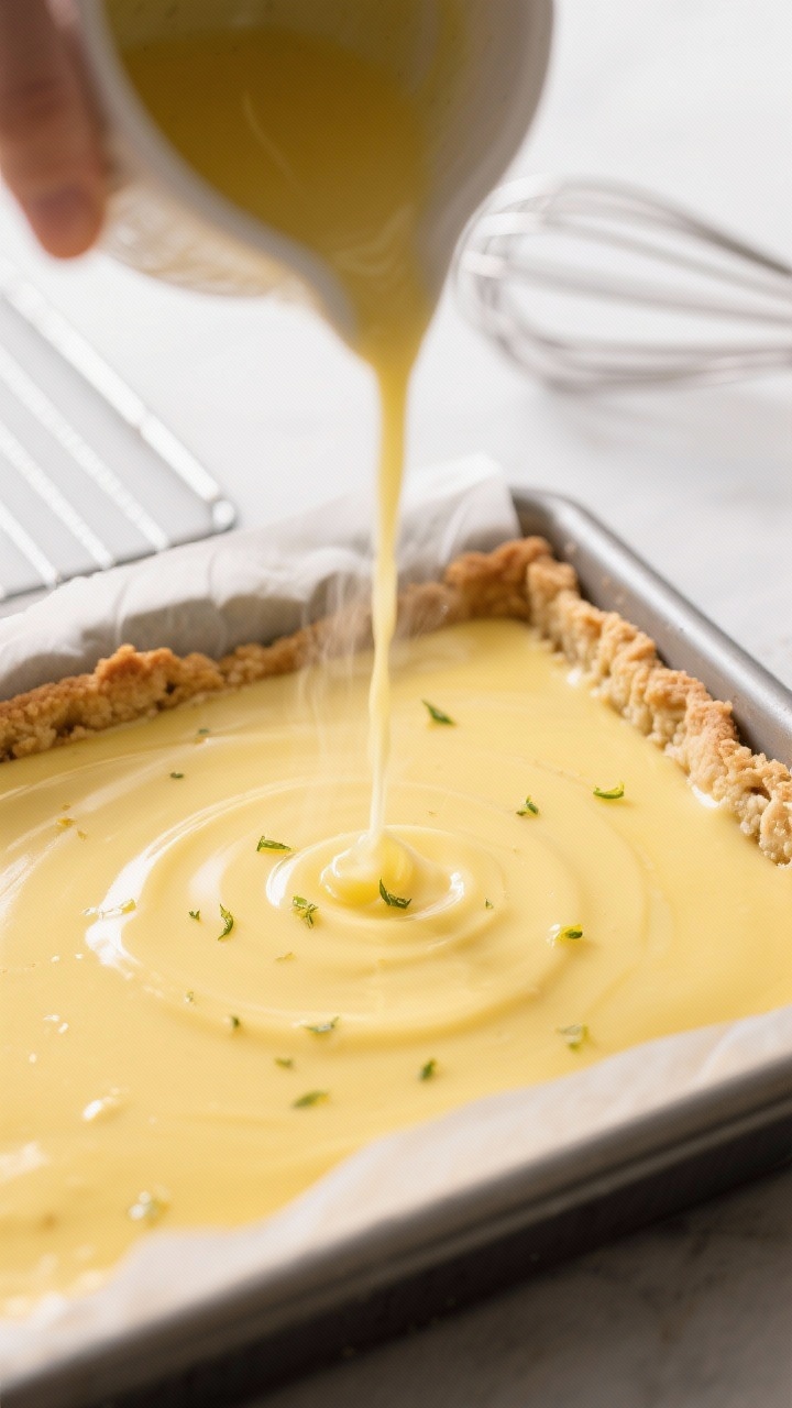 Close-up detail and process: Freshly baked lemon custard being poured over a hot, lightly golden sho