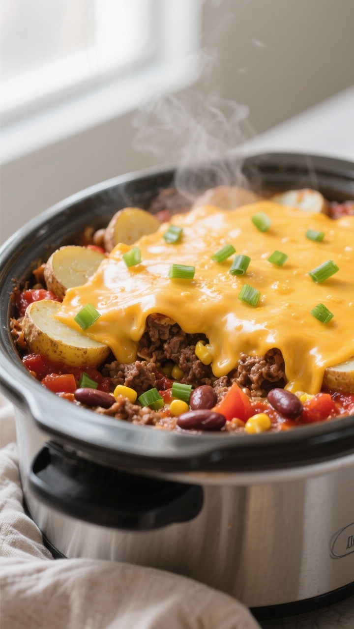 Close-up detail, cooking process: A slow cooker filled with layered, fully cooked cowboy casserole j