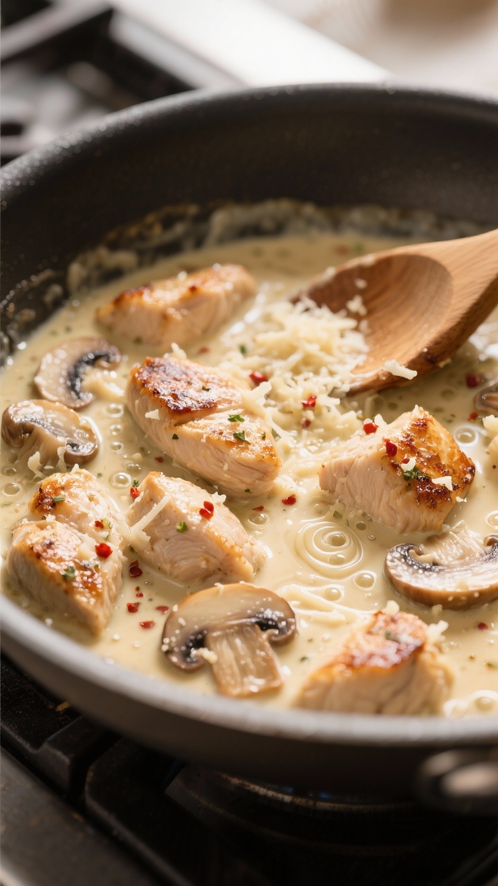 Close-up detail/cooking process: Bite-sized seared chicken pieces in a large skillet nestled in a si